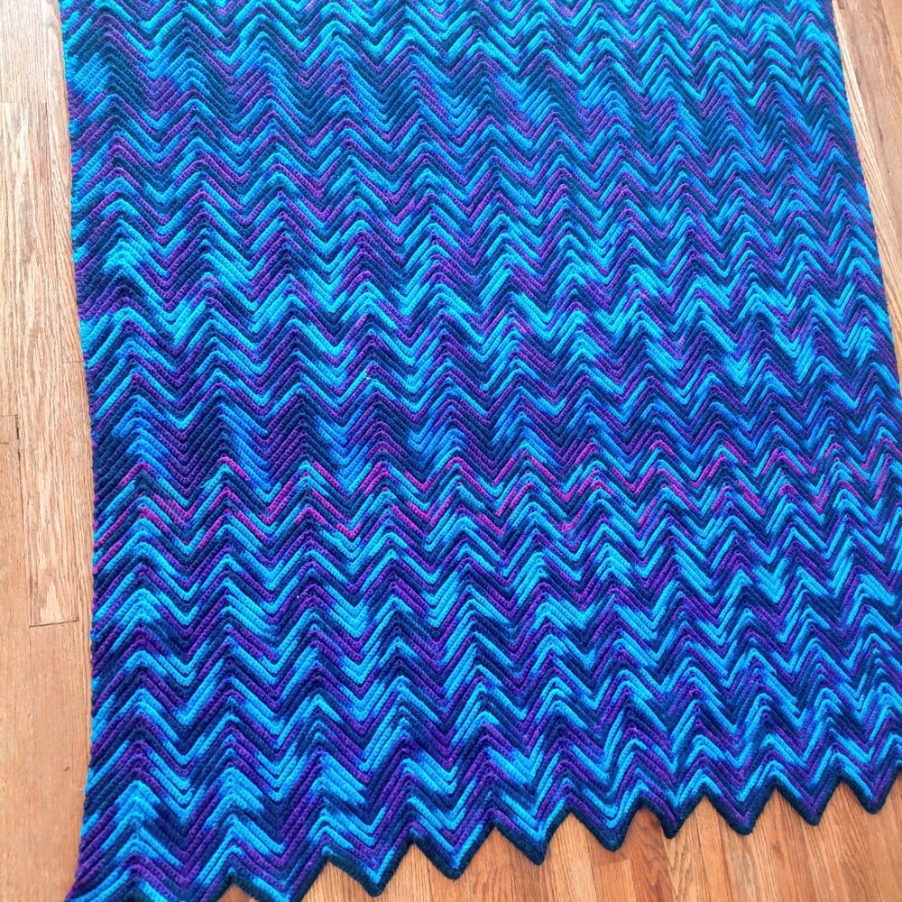 Vintage Handmade Crochet Chevron Blanket Throw Teal Purple Afghan 78x53 - Picture 9 of 11